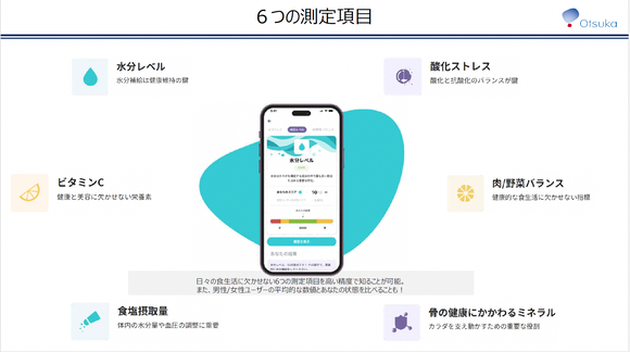 ・６つの測定項目がわかります。（水分レベル、酸化ストレス、ビタミンC、肉/野菜バランス、食塩摂取量、骨の健康にかかわるミネラル）